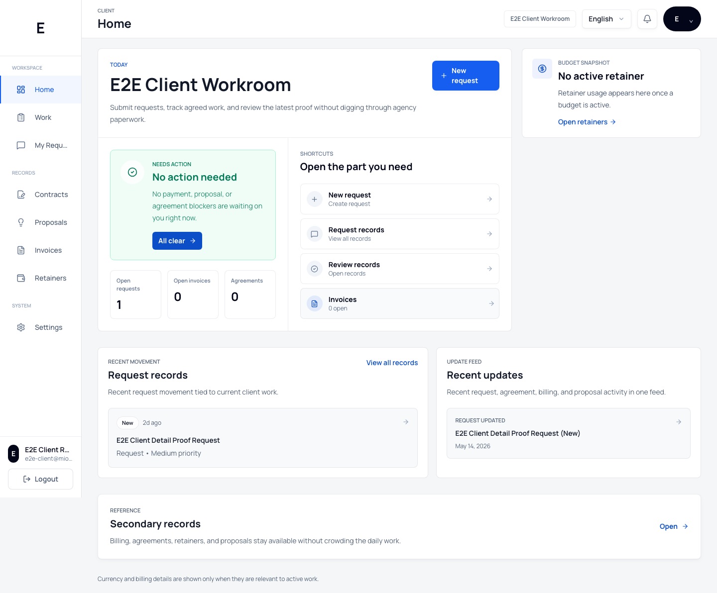 MiodragDev Portal client workroom dashboard